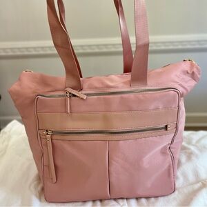 Pink soft padded nylon overnight laptop tote w/ double handle & adjustable strap